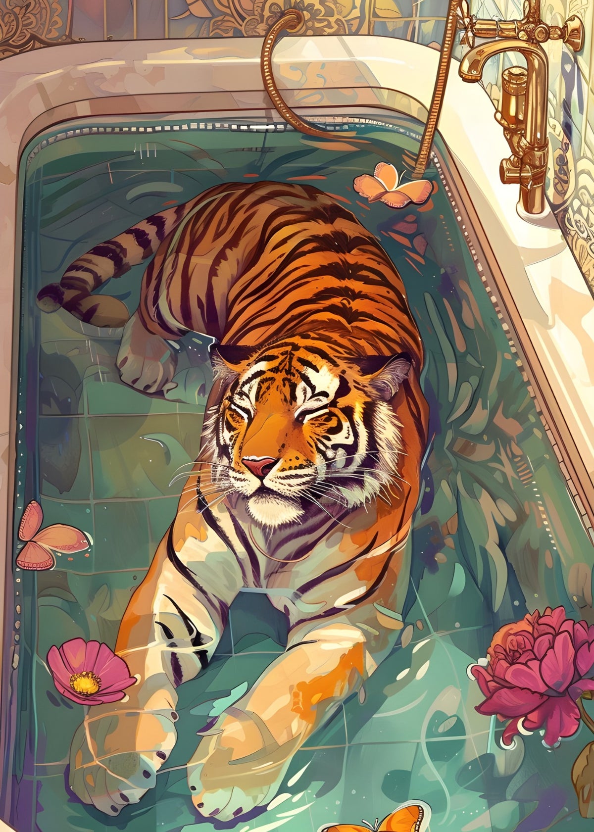 Tiger relaxing in a decorative bathtub with flowers and butterflies