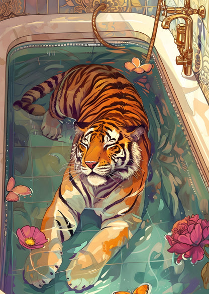 Tiger relaxing in a decorative bathtub with flowers and butterflies