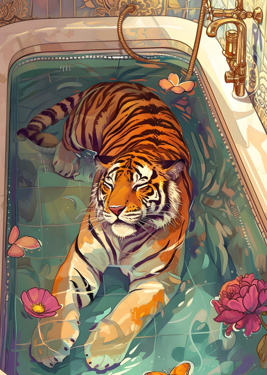 Tiger relaxing in a decorative bathtub with flowers and butterflies