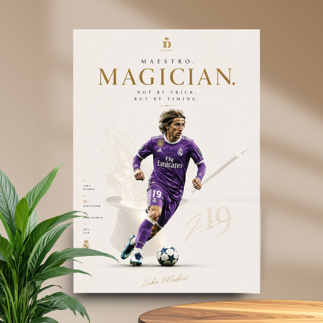 Luka Modric Maestro Magician football poster mockup in beige room