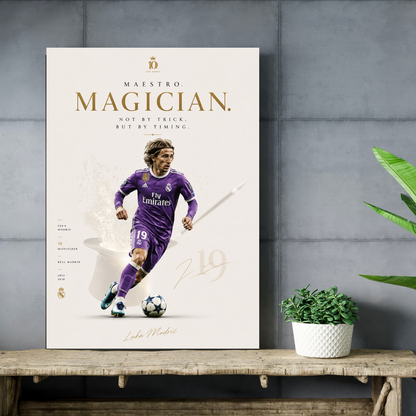 Luka Modric Maestro Magician football poster mockup on concrete wall and wooden shelf