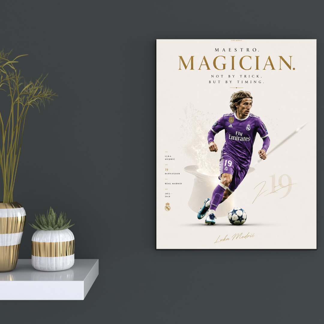 Luka Modric Maestro Magician football poster mockup on dark wall, alternate view
