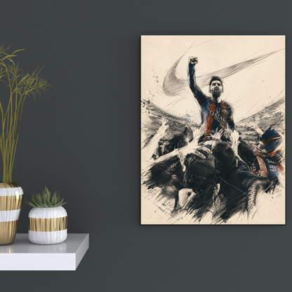 Lionel Messi Magician football poster mockup on dark wall, primary view