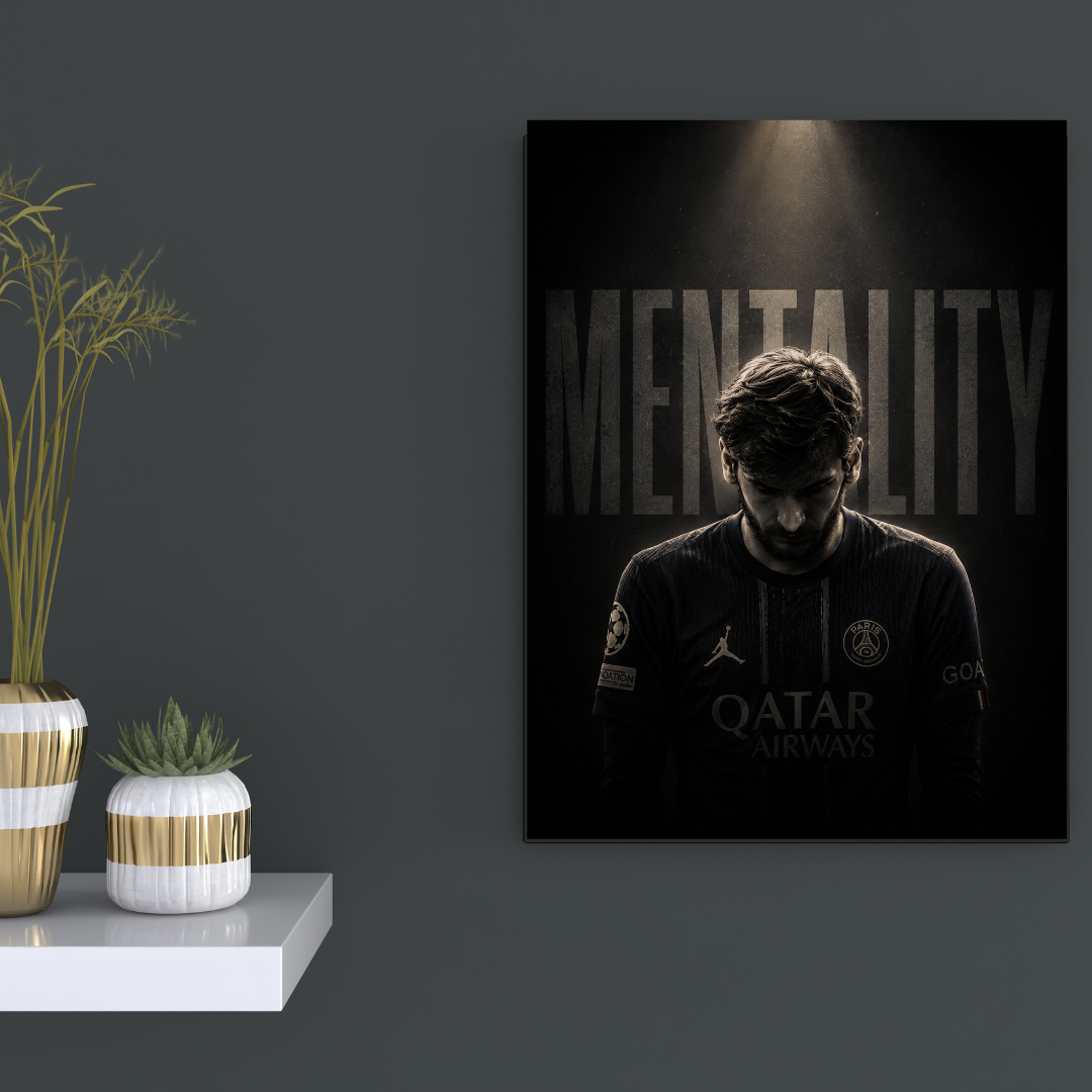 Lionel Messi Mentality football poster mockup on dark wall, alternate view