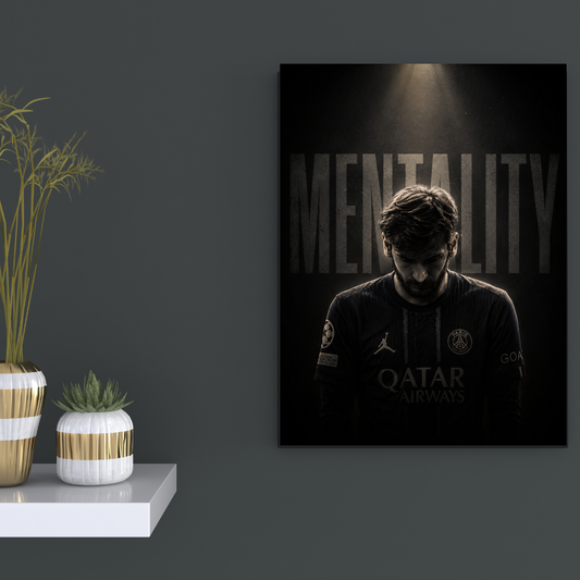 Lionel Messi Mentality football poster mockup on dark wall, primary view