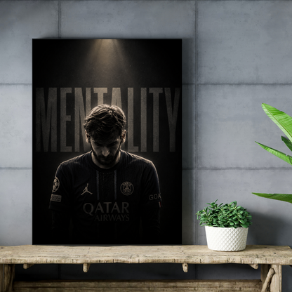 Lionel Messi Mentality football poster mockup on concrete wall and wooden table