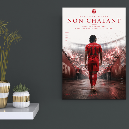 Michael Olise Non Chalant football poster mockup on dark wall, primary view