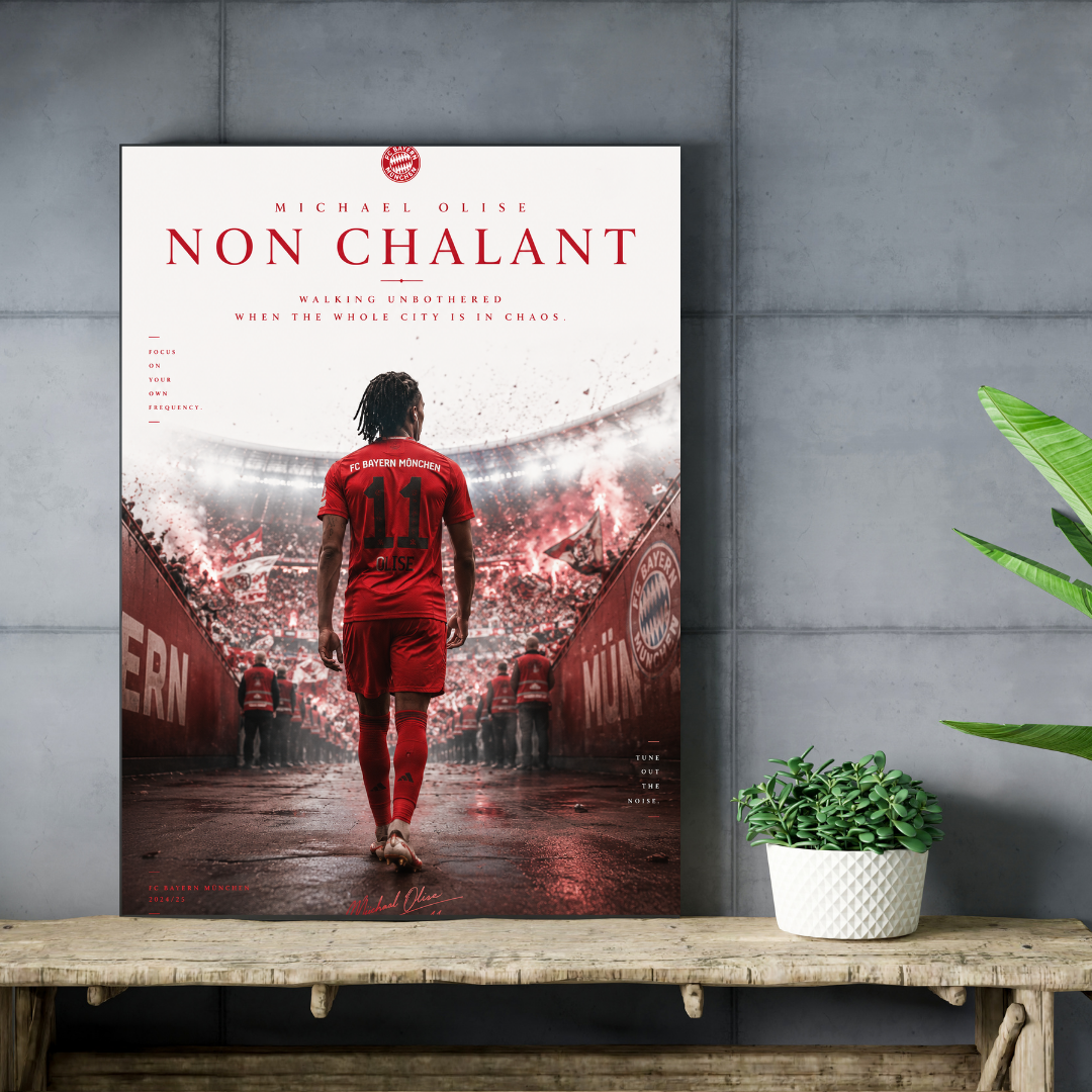 Michael Olise Non Chalant football poster mockup on concrete shelf