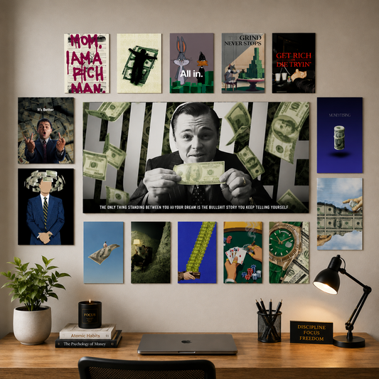 Money Mindset wall makeover poster set – front workspace view