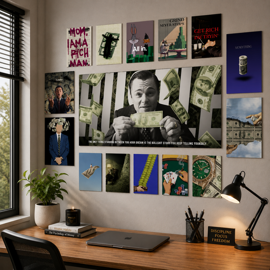 Money Mindset wall makeover poster set – angled workspace view