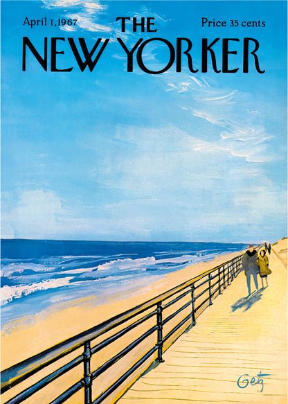 Couple walking together along a sunny New York beach boardwalk