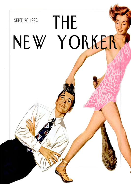 Playful vintage romantic couple in a New Yorker-inspired illustration
