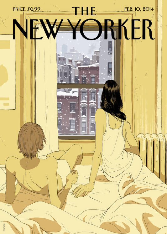 Couple watching snowfall over New York from a bedroom window