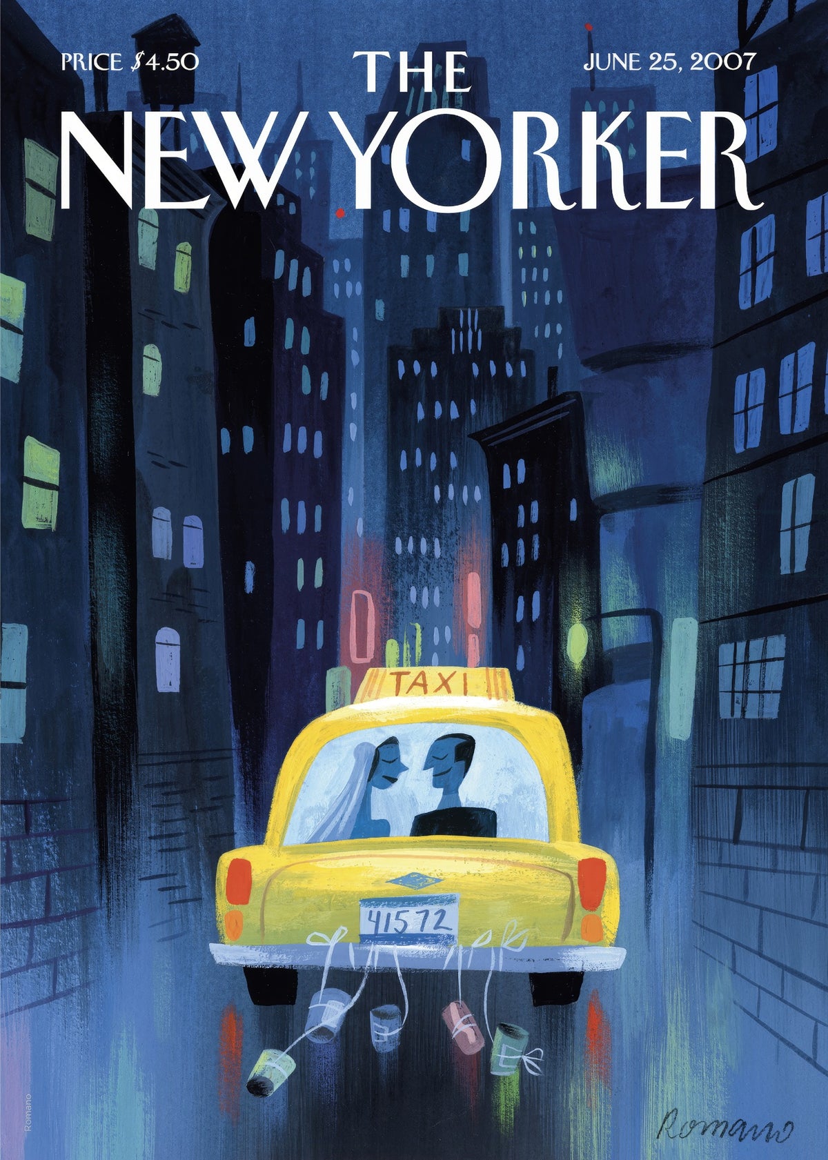 Romantic couple in a yellow taxi on a New York night