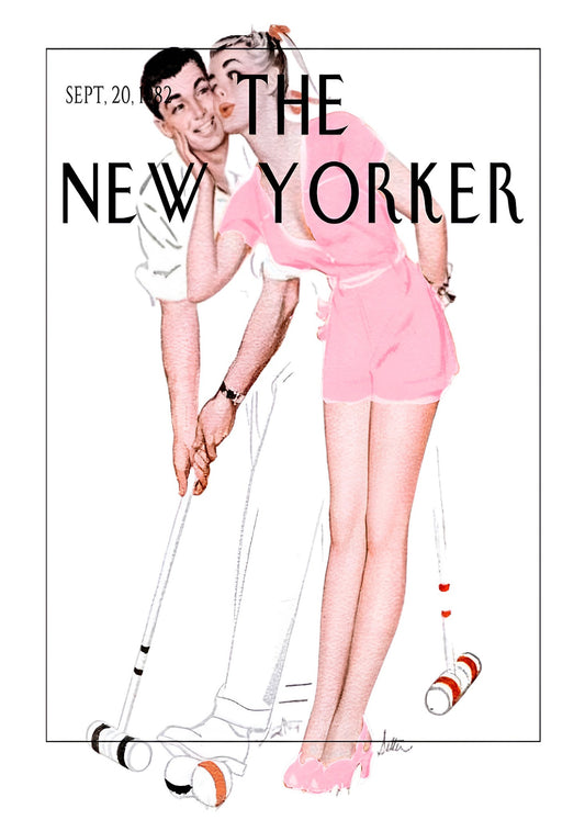 Playful vintage couple in a romantic New Yorker-inspired illustration