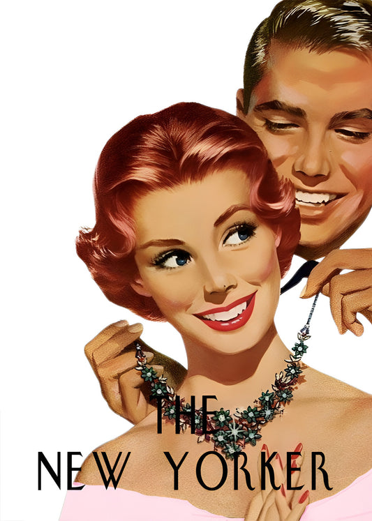 Elegant vintage couple with floral necklace in a New Yorker-inspired illustration
