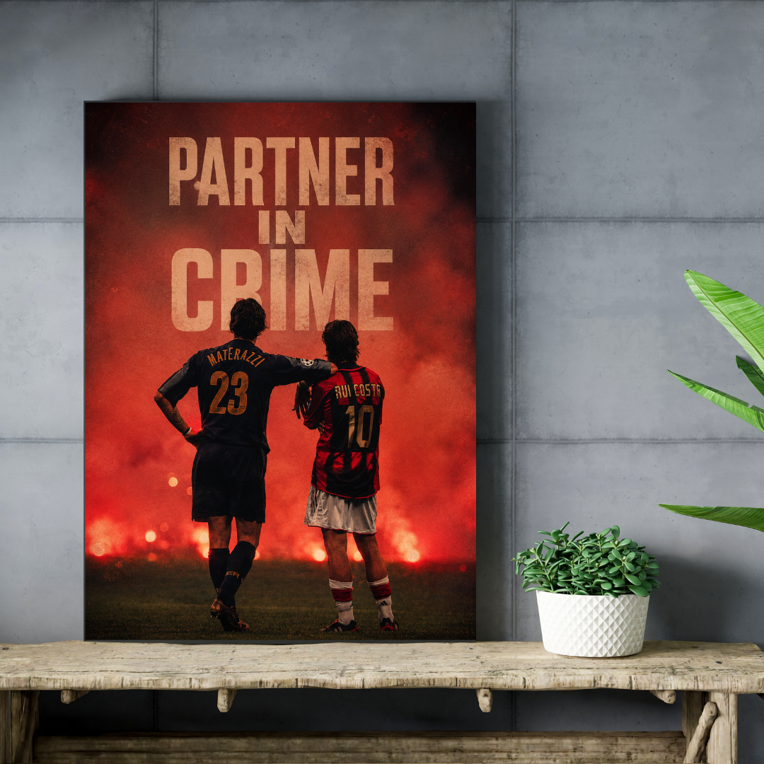 Partner in Crime Materazzi and Rui Costa football poster mockup on concrete wall and wooden shelf