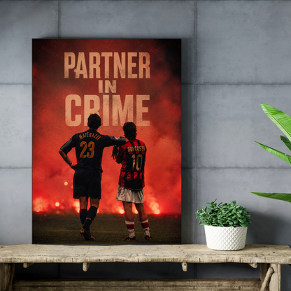 Partner in Crime Materazzi and Rui Costa football poster mockup on concrete wall and wooden shelf