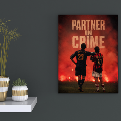 Partner in Crime Materazzi and Rui Costa football poster mockup on dark wall, alternate view