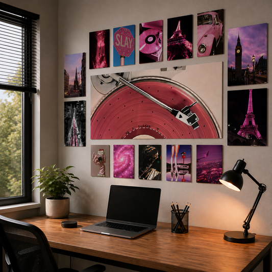 Pink City Pop wall makeover poster set – angled workspace view