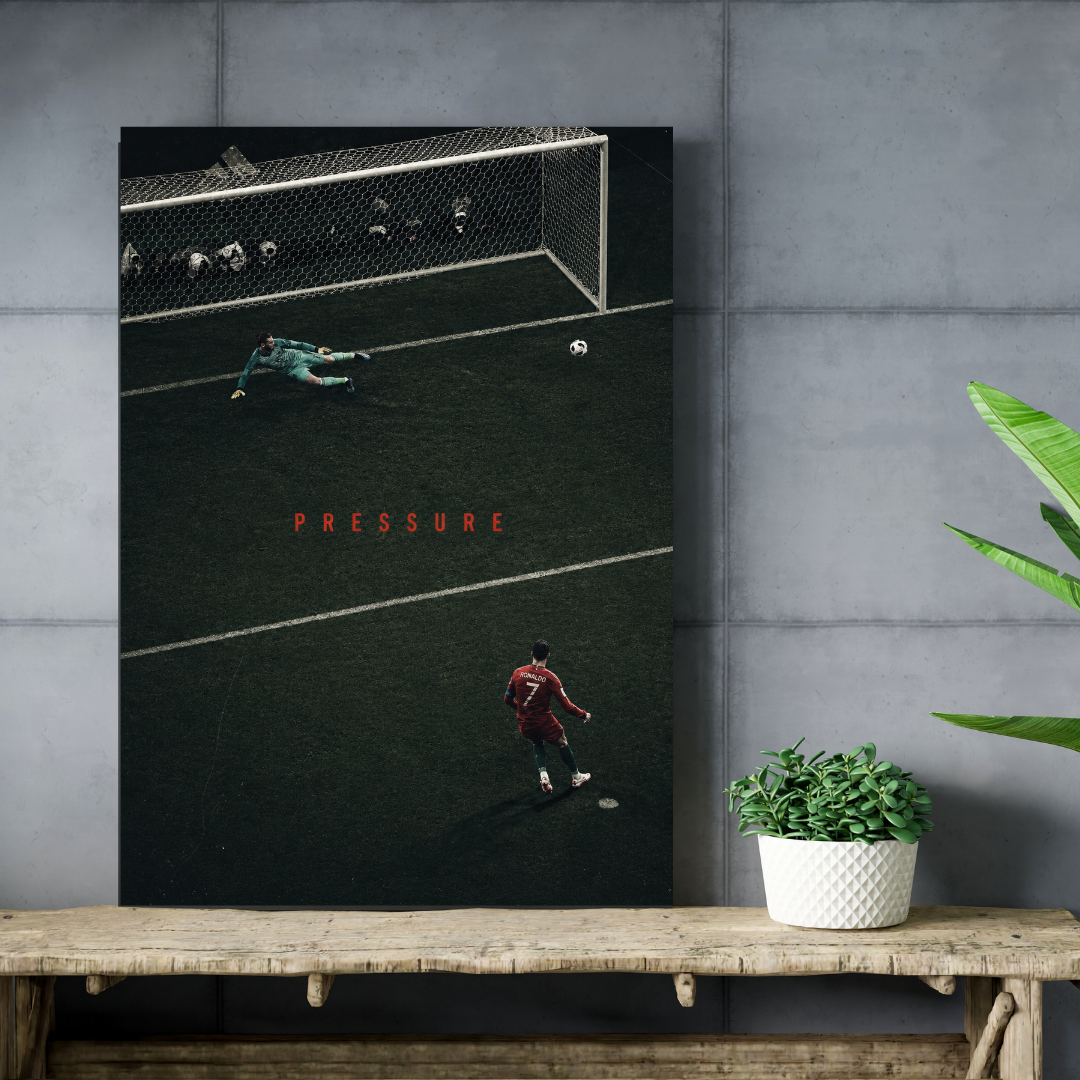 Cristiano Ronaldo Pressure football poster mockup on concrete wall and wooden shelf
