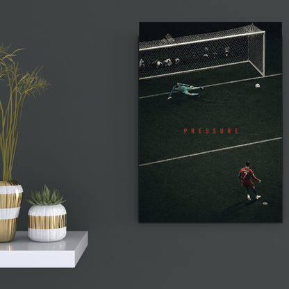 Cristiano Ronaldo Pressure football poster mockup on dark wall, primary view