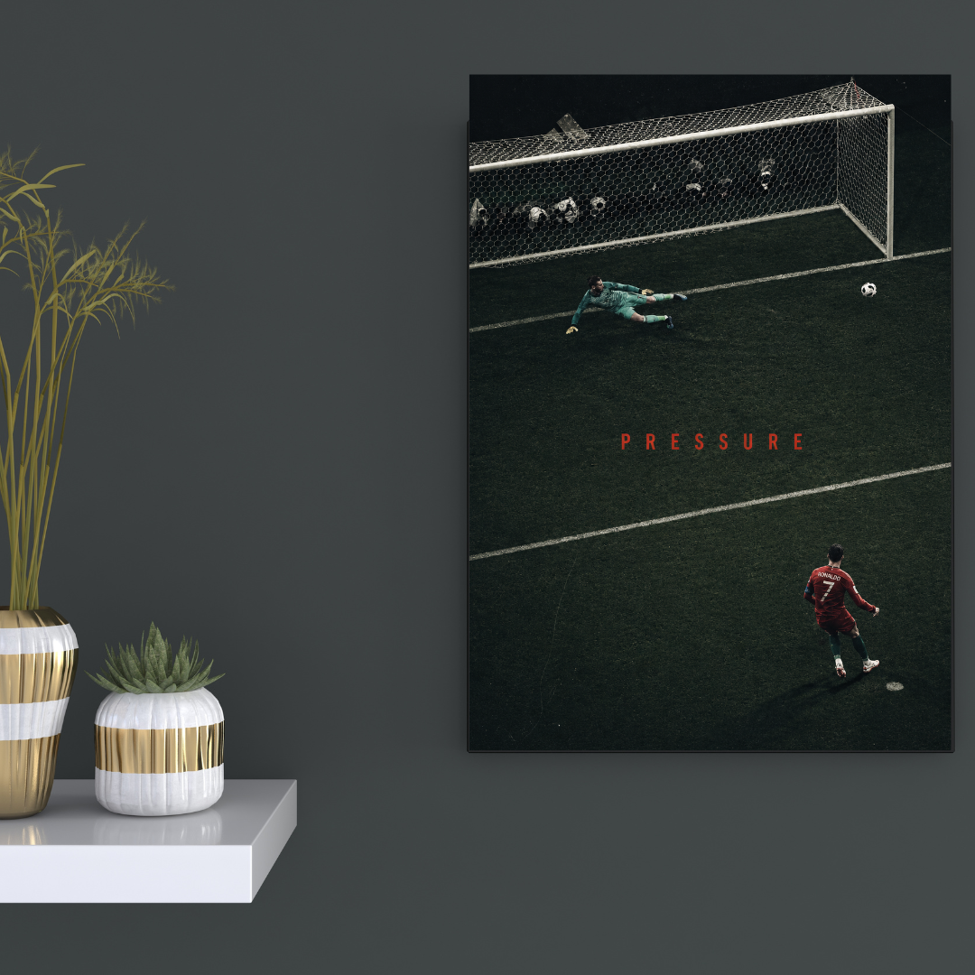 Cristiano Ronaldo Pressure football poster mockup on dark wall, alternate view
