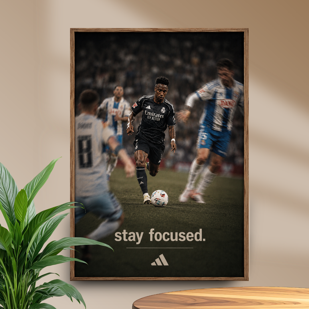 Vinicius Jr Stay Focused football poster mockup in beige room