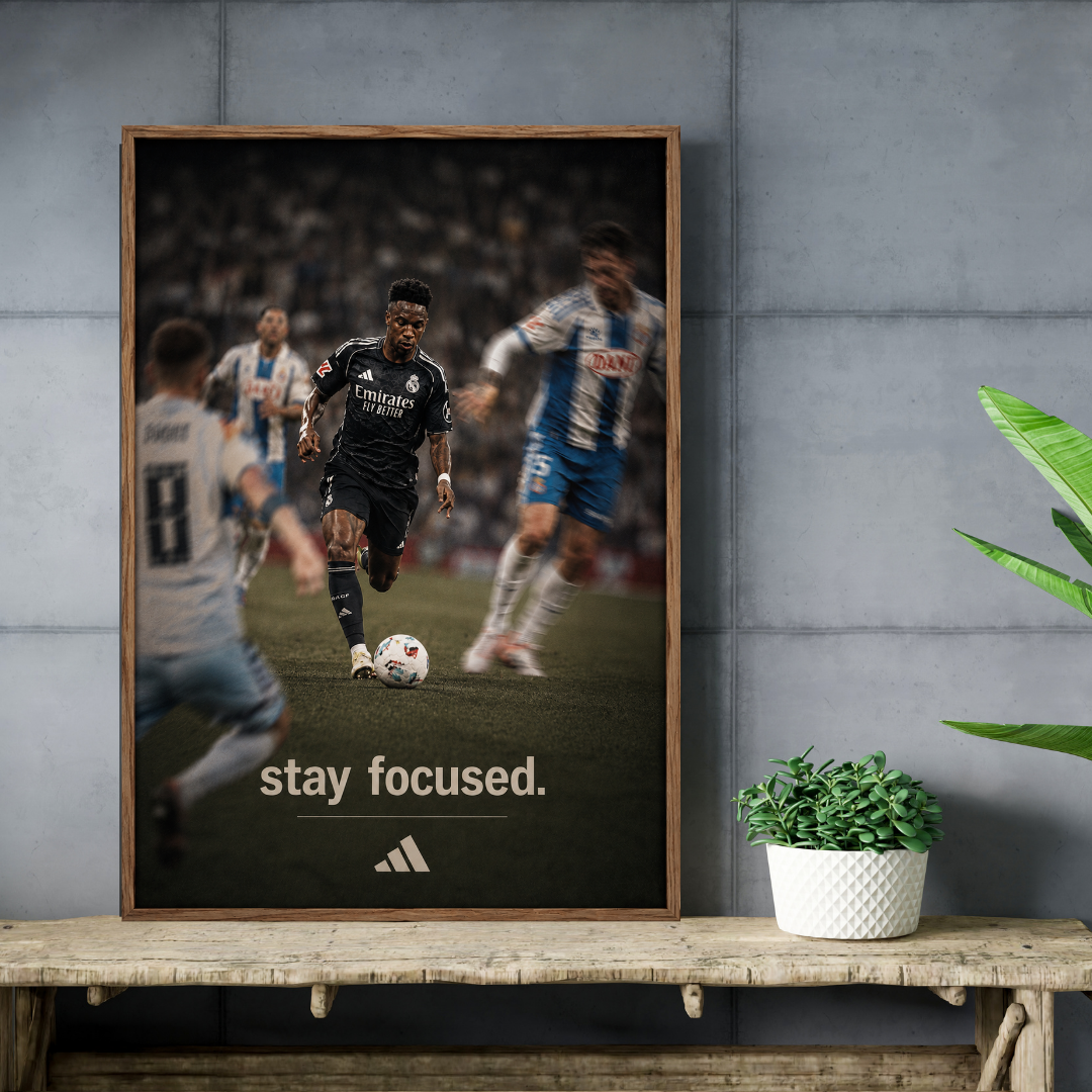 Vinicius Jr Stay Focused football poster mockup on concrete wall and wooden shelf