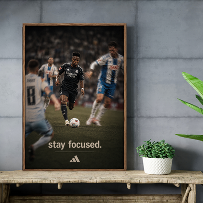 Vinicius Jr Stay Focused football poster mockup on concrete wall and wooden shelf