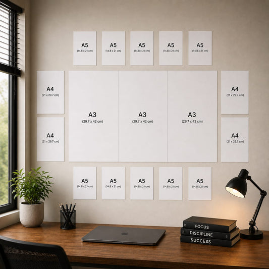 Wall makeover size layout showing A3, A4 and A5 poster dimensions