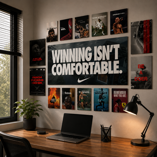 Winning Mindset wall makeover poster set – angled workspace view