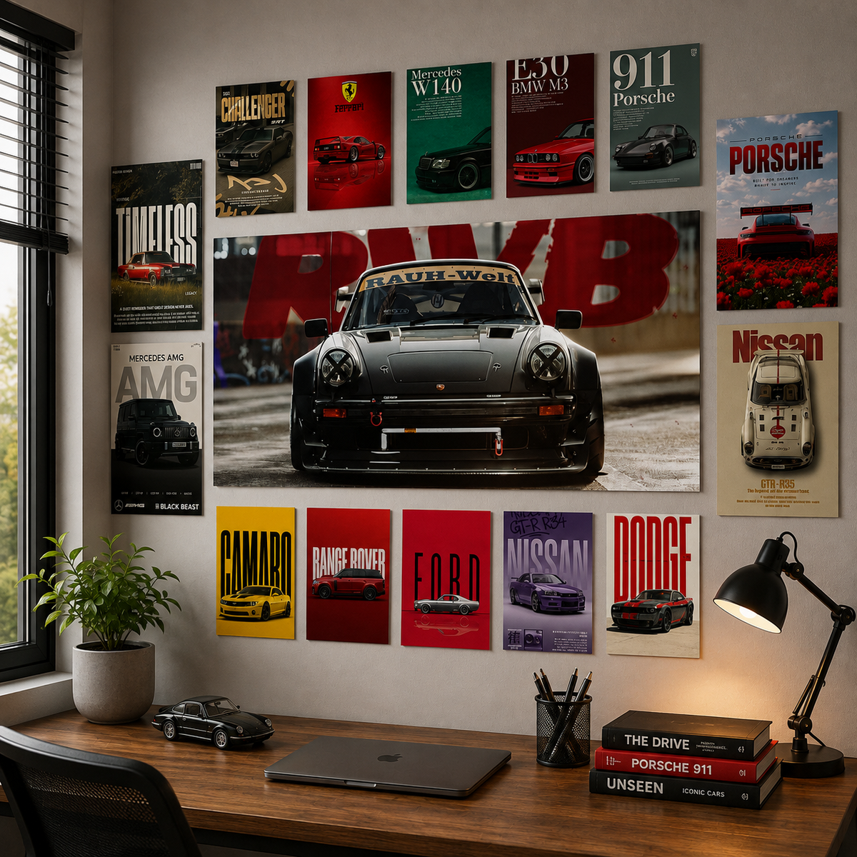 Car Culture 17-piece wall makeover with Porsche, Ferrari, BMW and Mercedes car posters