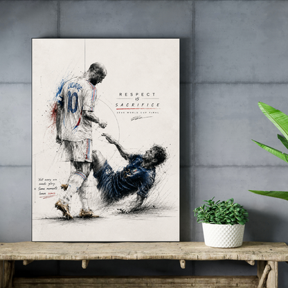 Zidane Respect vs Sacrifice football poster mockup on concrete wall and wooden shelf
