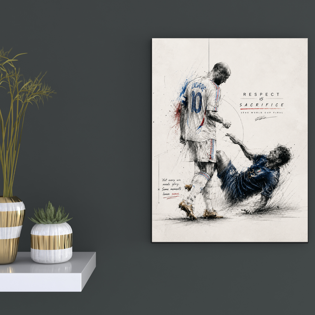 Zidane Respect vs Sacrifice football poster mockup on dark wall, primary view