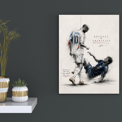 Zidane Respect vs Sacrifice football poster mockup on dark wall, primary view