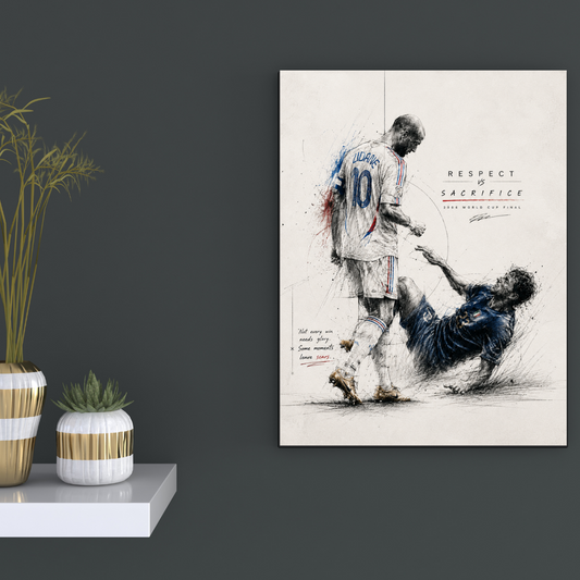 Zidane Respect vs Sacrifice football poster mockup on dark wall, primary view